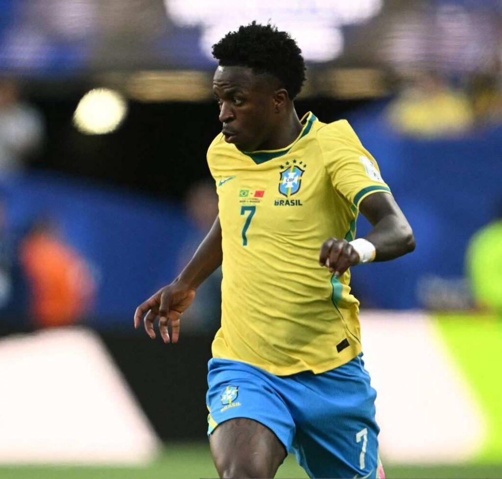 ViniciusJr Trybal News Vinicius Junior runs with the ball during the 2026 World Cup Group C football match between Brazil and Morocco trybalnews