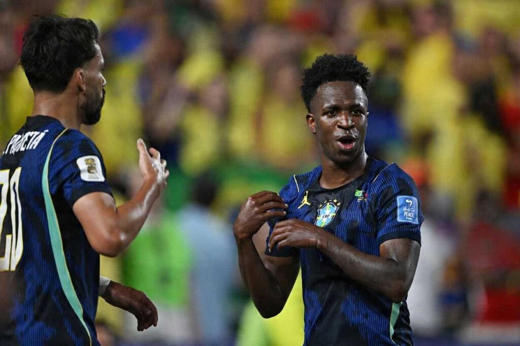 Vinicius Jr Trybal News Brazilaposs Vinicius Junior celebrates after scoring third goal vs Haiti FIFA World Cup 2026 Group C at Philadelphia Stadium trybalnews