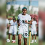 Soccer player with blue hair jogging on a field in a white kit with green trim number 15 visible on jersey  trybalnews