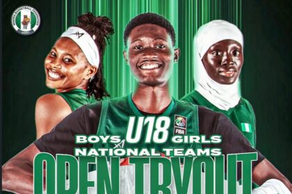 Nigeria U18 Open Tryout poster for boys and girls in green uniforms; events June 6 in Lagos and June 7 in Abuja at major stadiums.