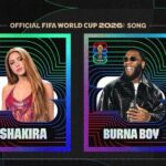 Two holographic cards featuring Shakira left and Burna Boy right for the Official FIFA World Cup 2026 Song set against a neon lined background  trybalnews