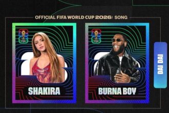 Two holographic cards featuring Shakira (left) and Burna Boy (right) for the Official FIFA World Cup 2026 Song, set against a neon-lined background.