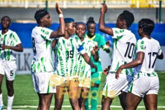 Group of female soccer players in white and green uniforms celebrate with raised arms on a green field after a goal or win.