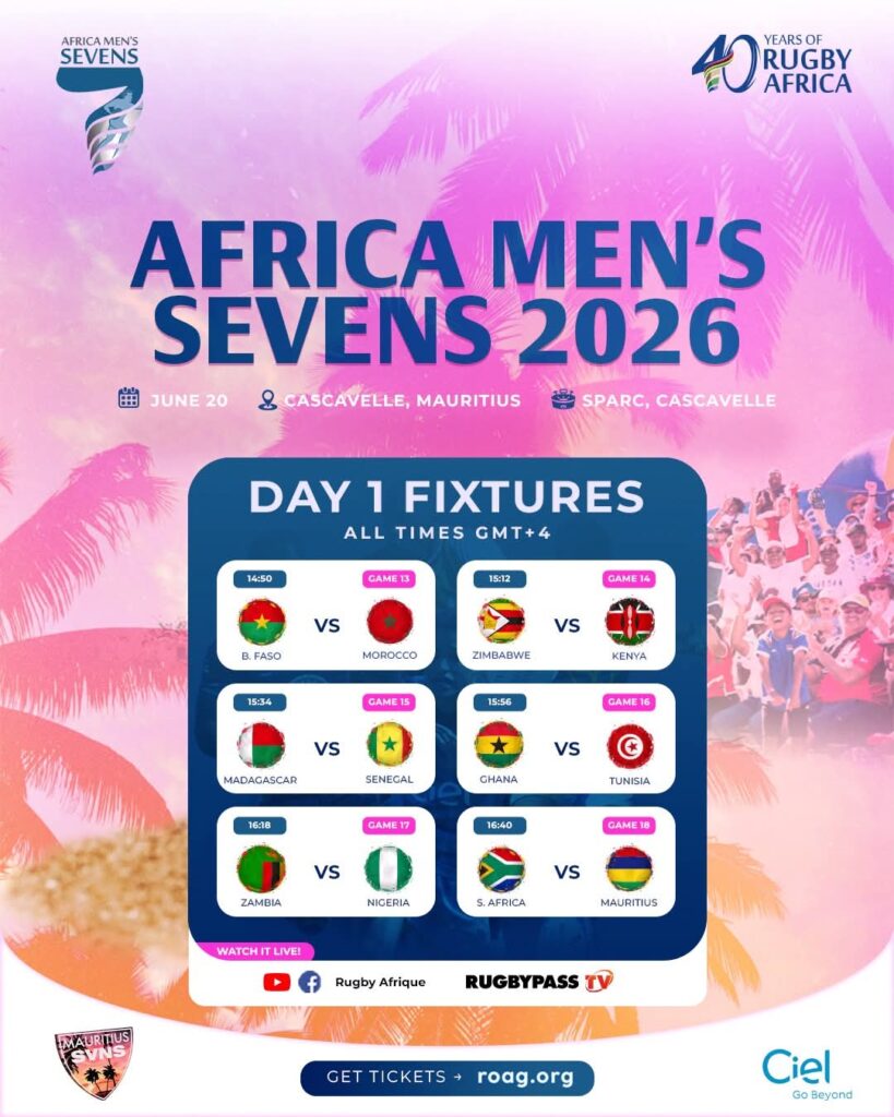 WhatsApp Image 20260611 at 163331 Trybal News Event poster for Africa Mens Sevens 2026 with a pink purple tropical background and logos in the corners Large title announces the event date and venue icons are shown June 20 Cascavelle Mauritius The central blue rounded panel lists Day 1 fixtures with six matchups Burkina Faso vs Morocco Zimbabwe vs Kenya Madagascar vs Senegal Ghana vs Tunisia Zambia vs Nigeria and South Africa vs Mauritius along with times Overall communicates schedule and event branding for Day 1 trybalnews