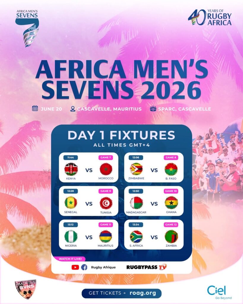 WhatsApp Image 20260611 at 163342 Trybal News Africa Mens Sevens 2026 poster announcing the Mauritius event Day 1 fixtures grid Kenya vs Morocco Zimbabwe vs B Faso Senegal vs Tunisia Madagascar vs Ghana Nigeria vs Mauritius S Africa vs Zambia trybalnews