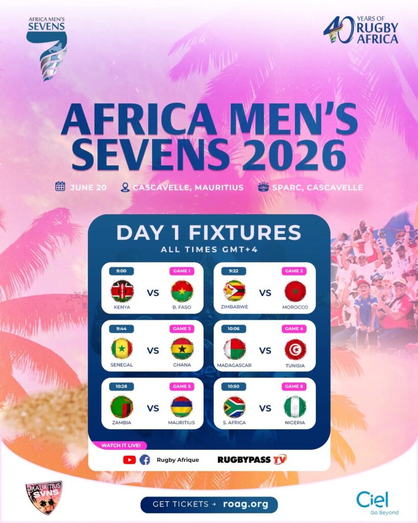 WhatsApp Image 20260611 at 163352 Trybal News Event poster announcing Africa Mens Sevens 2026 with Day 1 fixtures grid showing six international matches trybalnews