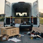 Back of a white van with doors open yellow Police Do Not Cross tape and shoes jerseys and boxes on the pavement outside a crime scene setup  trybalnews