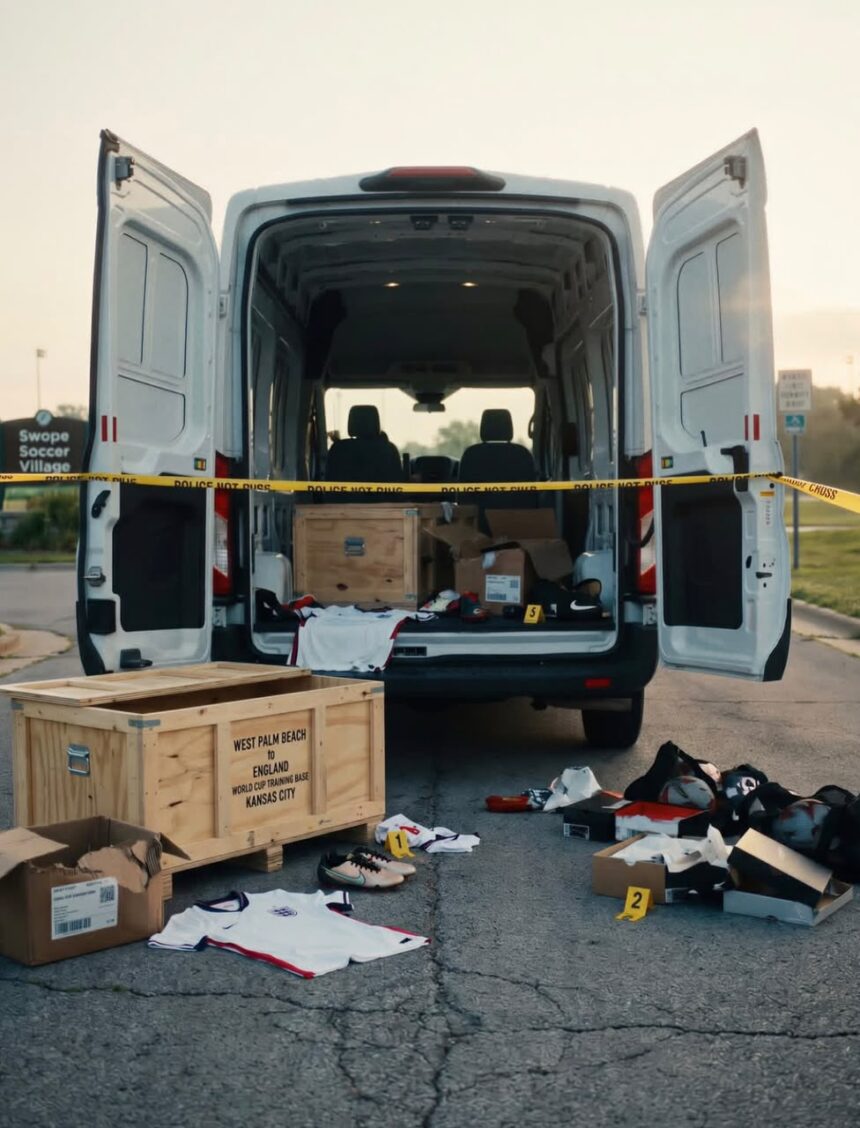 Back of a white van with doors open yellow Police Do Not Cross tape and shoes jerseys and boxes on the pavement outside a crime scene setup  trybalnews