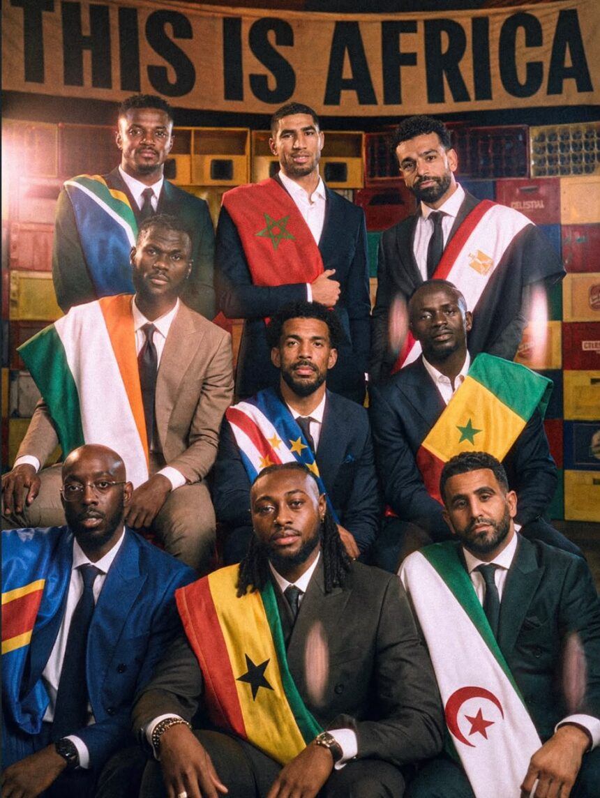 Group of men in suits wearing national flag sashes posing for a formal portrait in front of crates and a banner reading THIS IS AFRICA  trybalnews