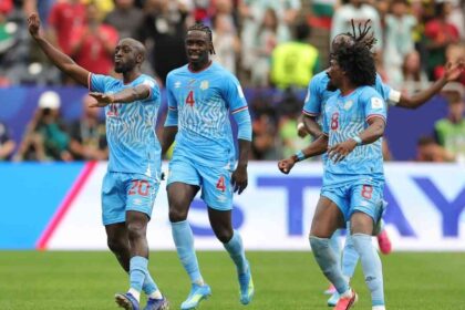 DR Congo forward Yoane Wissa celebrates with teammates after scoring DR Congo’s first goal in the FIFA World Cup 2026 Group K match against Portugal at Houston Stadium, Houston, Texas.