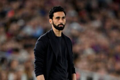 Alvaro Arbeloa, former head coach of Real Madrid, stands on the sideline during the LaLiga EA Sports match between FC Barcelona and Real Madrid CF at Spotify Camp Nou in Barcelona, Spain on May 10, 2026.