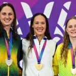 Scottish swimmer Angharad Evans stands in the center of the podium wearing a white blue and purple jacket and a gold medal smiling She is flanked by a South African swimmer in green and yellow on the left with a silver medal and an Australian swimmer in yellow and green on the right with a bronze medal The background is purple with the Glasgow 2026 Commonwealth Games logo  trybalnews