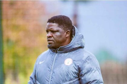 Daniel Ogunmodede, assistant coach of the Super Eagles of Nigeria, stands on a football training pitch wearing a grey Nike puffer jacket with the Nigeria Football Federation crest and black gloves. He has a focused expression and is looking to his left. The background is blurred with a training field and trees. He has been linked with the Kano Pillars coaching job.