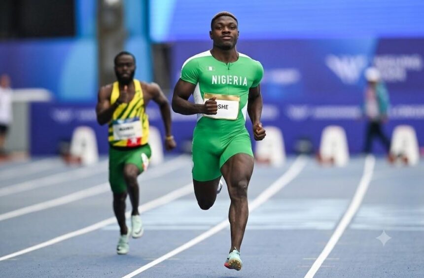 Nigerian sprinter Favour Oghene Tejiri Ashe runs on the track in a green Nigeria kit during the mens 100m heats He is in the lead with another athlete in yellow and green behind him The race takes place at Scotstoun Stadium during the Glasgow 2026 Commonwealth Games Photo by Rob CaseySNS Group via Getty Images  trybalnews