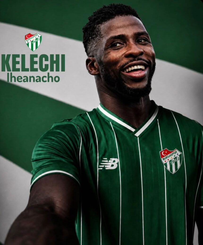 Portrait of Kelechi Iheanacho smiling in a green Bursaspor jersey with the team crest visible on the left  trybalnews