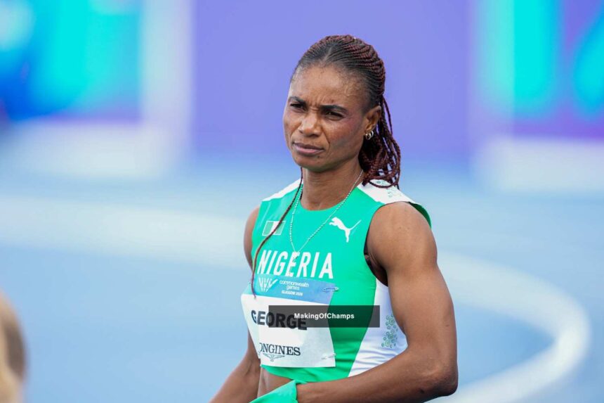 Nigerian female sprinter in green and white kit on a track bib reads GEORGE looking focused  trybalnews