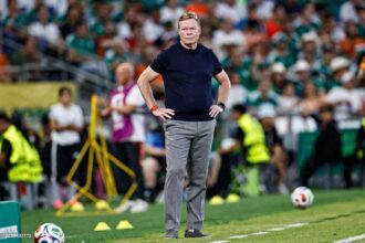 Netherlands Head Coach Ronald Koeman standing on the touchline with hands on hips during the FIFA World Cup 2026 Round of 32 match against Morocco at Monterrey Stadium in Guadalupe, Mexico, on June 29, 2026.