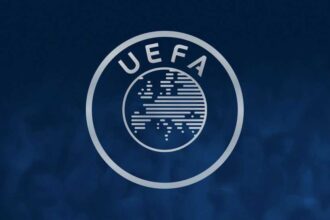 UEFA logo: circular emblem with a striped globe and the letters 'UEFA' arched on a dark blue background