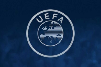 UEFA logo: circular emblem with a striped globe and the letters 'UEFA' arched on a dark blue background