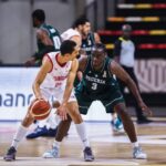 Two basketball playersone in a white Tunisia jersey and one in a green Nigeria jerseycontest the ball on the court  trybalnews