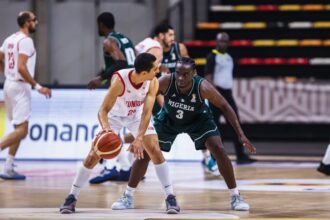 Two basketball players—one in a white Tunisia jersey and one in a green Nigeria jersey—contest the ball on the court.
