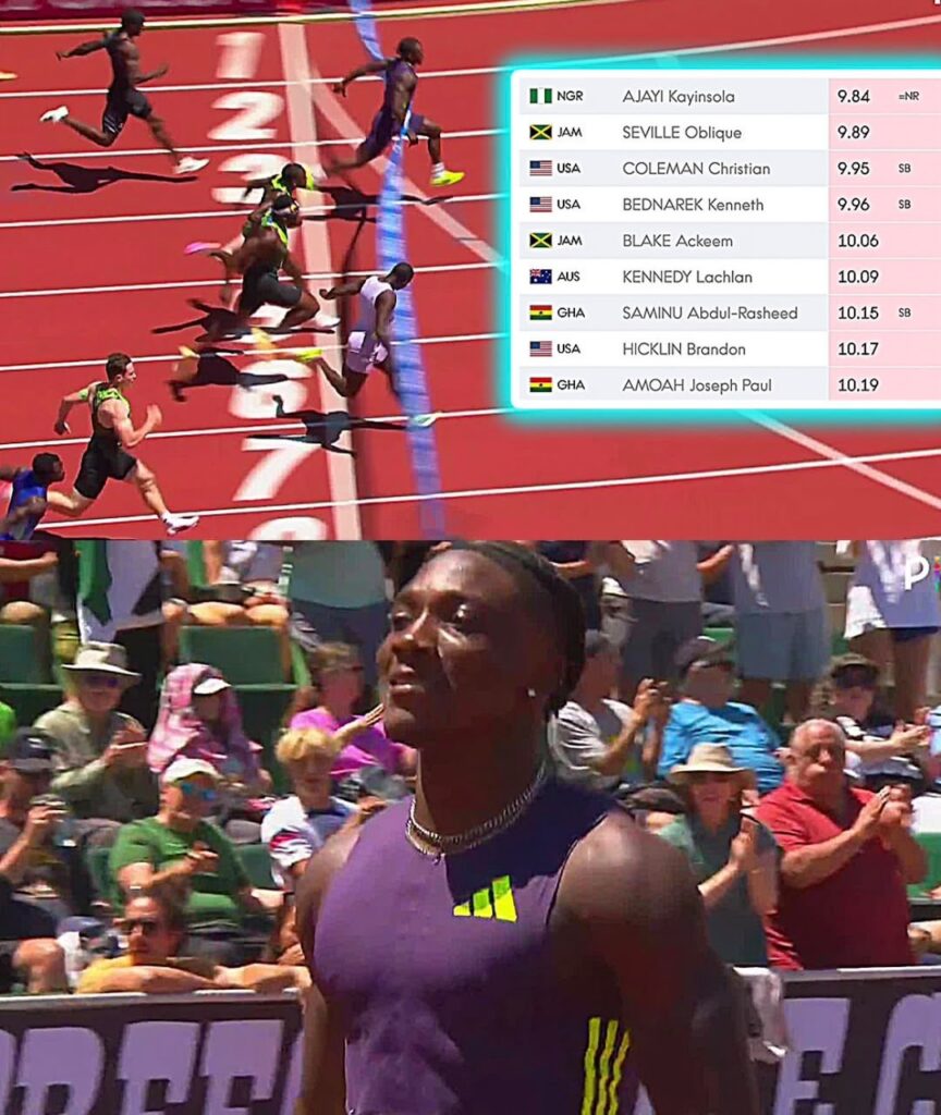 WhatsApp Image 20260705 at 090115 Trybal News Sprint race on a red track with multiple runners a bright scoreboard overlays the right side showing times and nations trybalnews