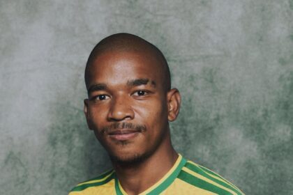 Portrait of a man in a yellow-green soccer jersey with crest, posed against a green textured background, gripping the shirt at chest level.