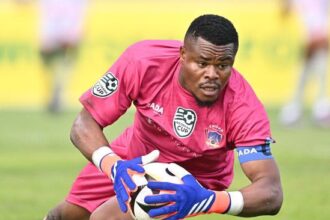 Goalkeeper in a pink kit and blue gloves catches a soccer ball during a match on a grassy field.
