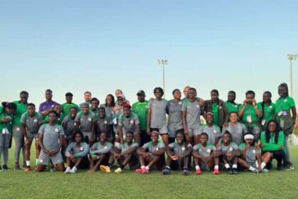Group photo of a soccer team wearing gray and green uniforms posing on a grass field with coaches standing at the back under a clear sky.