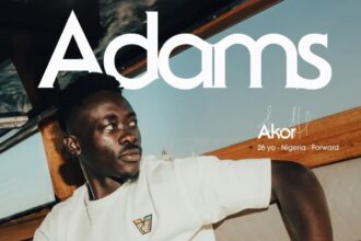 Promotional poster showing a man seated inside a boat with cushioned seating; he wears a white T-shirt, dark pants, and a wristwatch. Large white text across the top reads 'Adams'; smaller text states '26 y/o · Nigeria · Forward'. A small badge is on the shirt.