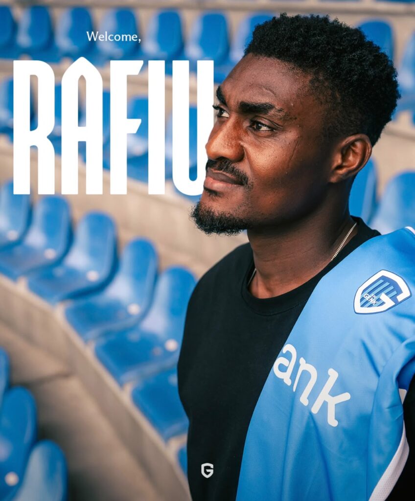 Nigerian striker Rafiu Durosinmi Trybal News Portrait of a man in a blue team jersey in a stadium with the word Welcome in white letters across the image trybalnews