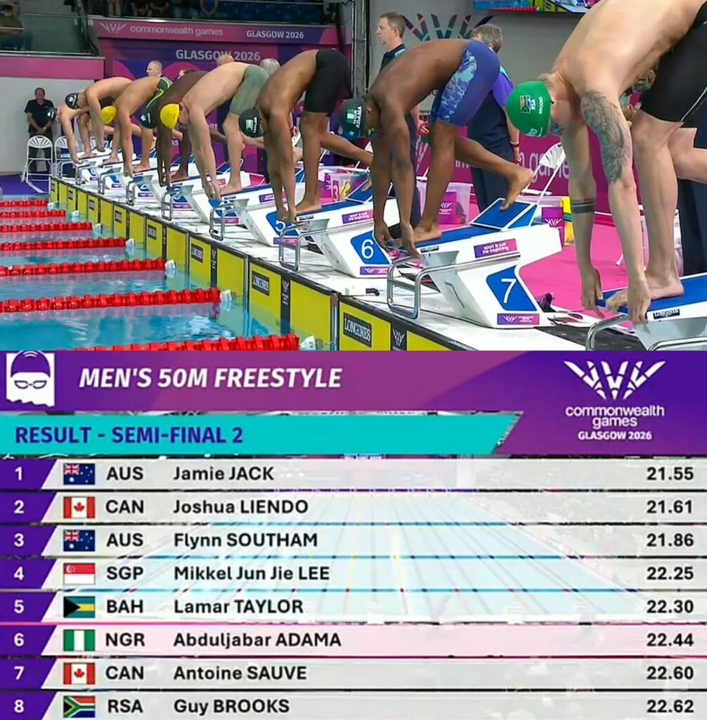 Glasgow 2026 Trybal News Swimmers on starting blocks ready for the mens 50m freestyle semi final 2 at the Glasgow 2026 Commonwealth Games scoreboard shows final results with names and times trybalnews
