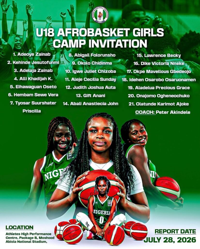 NBBF Trybal News U18 AfroBasket Girls Camp poster showing roster in white text on green Nigeria team in green central girl holding a basketball date July 28 2026 trybalnews