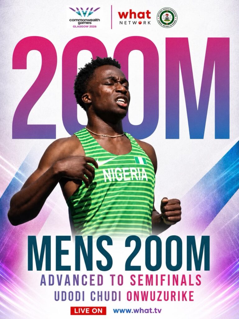 Glasgow 2026 Trybal News Promotional poster for the 200m mens semifinals Nigerian sprinter in a green jersey bold 200M text and event logos at the top trybalnews