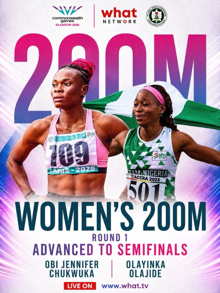 Glasgow 2026 Trybal News Promotional poster for Womens 200m featuring two Nigerian sprinters in pink and green with bold WOMENS 200M text and race details Round 1 advanced to semifinals and sponsor logos at top trybalnews