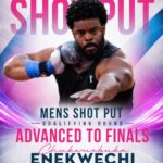 Male shot put athlete in action throwing a shot put with a focused expression text promotes the mens shot put qualifying round advancing to the finals poster style design  trybalnews