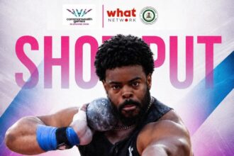 Male shot put athlete in action, throwing a shot put with a focused expression; text promotes the men’s shot put qualifying round advancing to the finals (poster-style design).