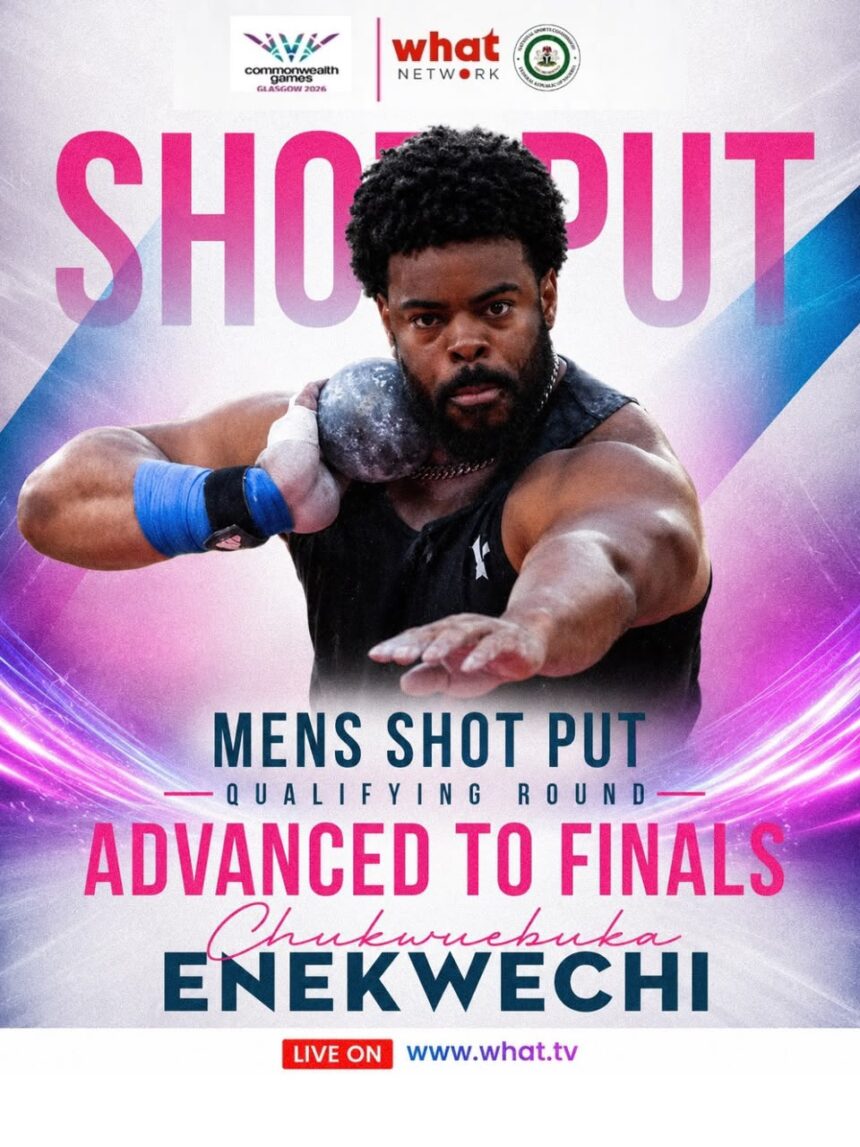 Male shot put athlete in action throwing a shot put with a focused expression text promotes the mens shot put qualifying round advancing to the finals poster style design  trybalnews