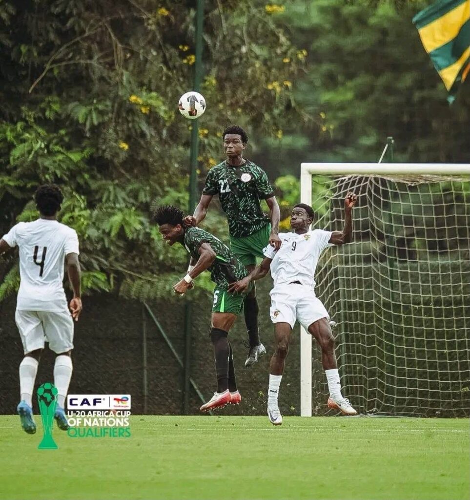Soccer players contest an aerial header near the goal during a CAF U 20 Africa Cup of Nations Qualifiers match  trybalnews