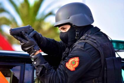 Tactical officer in helmet and body armor aims a pistol from a car window.