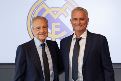 Real Madrid President Florentino Perez and new head coach Jose Mourinho pose together at the official presentation at the club headquarters in Madrid