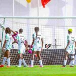 Womens soccer team in white and green uniforms gathers near the goal celebrating a moment near the net as the goalkeeper wears pink  trybalnews