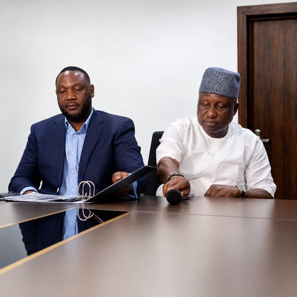 NPFL Trybal News Two men sit at a conference table reviewing documents one in a navy suit the other in white traditional attire with a patterned cap a microphone nearby trybalnews