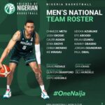 Nigerian mens basketball team roster poster with a player dribbling on the left green background and the roster list plus OneNaija at bottom  trybalnews