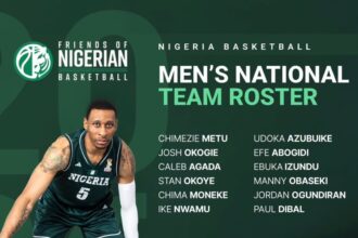 Nigerian men’s basketball team roster poster with a player dribbling on the left, green background, and the roster list plus '#OneNaija' at bottom.