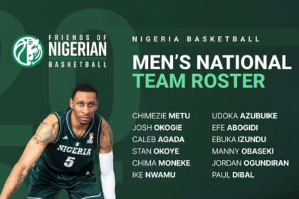 Nigerian men’s basketball team roster poster with a player dribbling on the left, green background, and the roster list plus '#OneNaija' at bottom.