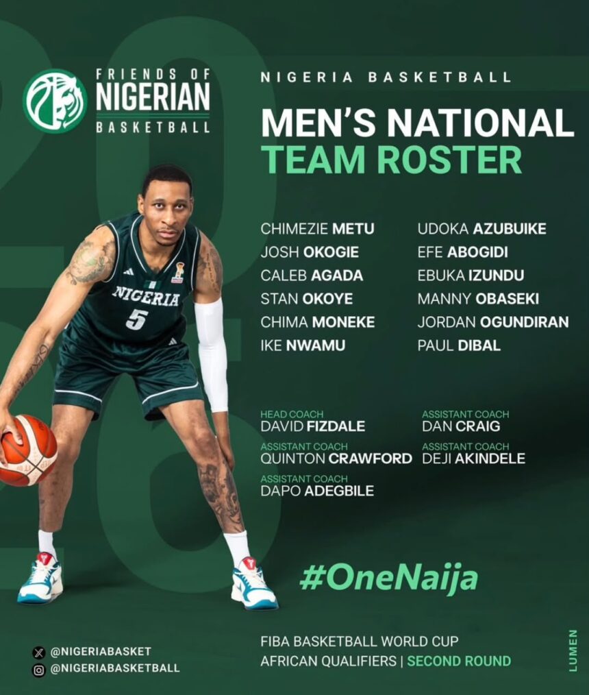 Nigerian mens basketball team roster poster with a player dribbling on the left green background and the roster list plus OneNaija at bottom  trybalnews