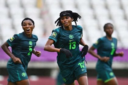 Alt text: Nigeria’s Rebecca Adegbemile celebrating after scoring for the Falconets during the FIFA U-20 Women’s World Cup group stage match vs New Caledonia at Stadion Miejski in Lodz, Poland on September 13, 2026