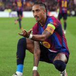Raphinha of FC Barcelona wearing the captains armband crouches on the pitch and gestures with his hands after scoring during the UEFA Champions League 202627 League Phase match between FC Barcelona and Feyenoord at Camp Nou in Barcelona Spain on September 9 2026  trybalnews