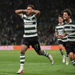 Rodrigo Zalazar of Sporting CP wearing a green and white striped jersey with number 17 celebrates with his hands to his ears after scoring during the UEFA Champions League 202627 League Phase match between Sporting Club de Portugal and Galatasaray AS at Estadio Jose Alvalade in Lisbon Portugal on September 9 2026  trybalnews